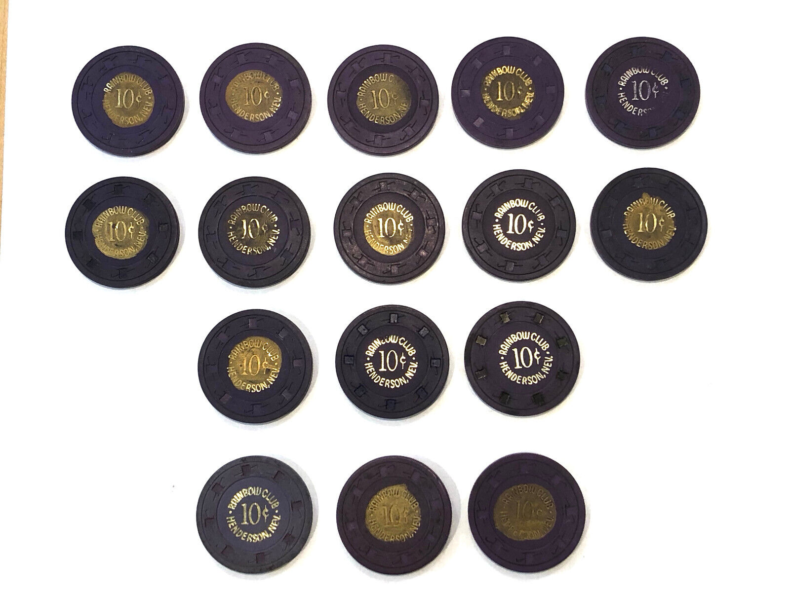 Vintage collection of 16 rare Rainbow Club ten cent casino chips from '67-'70