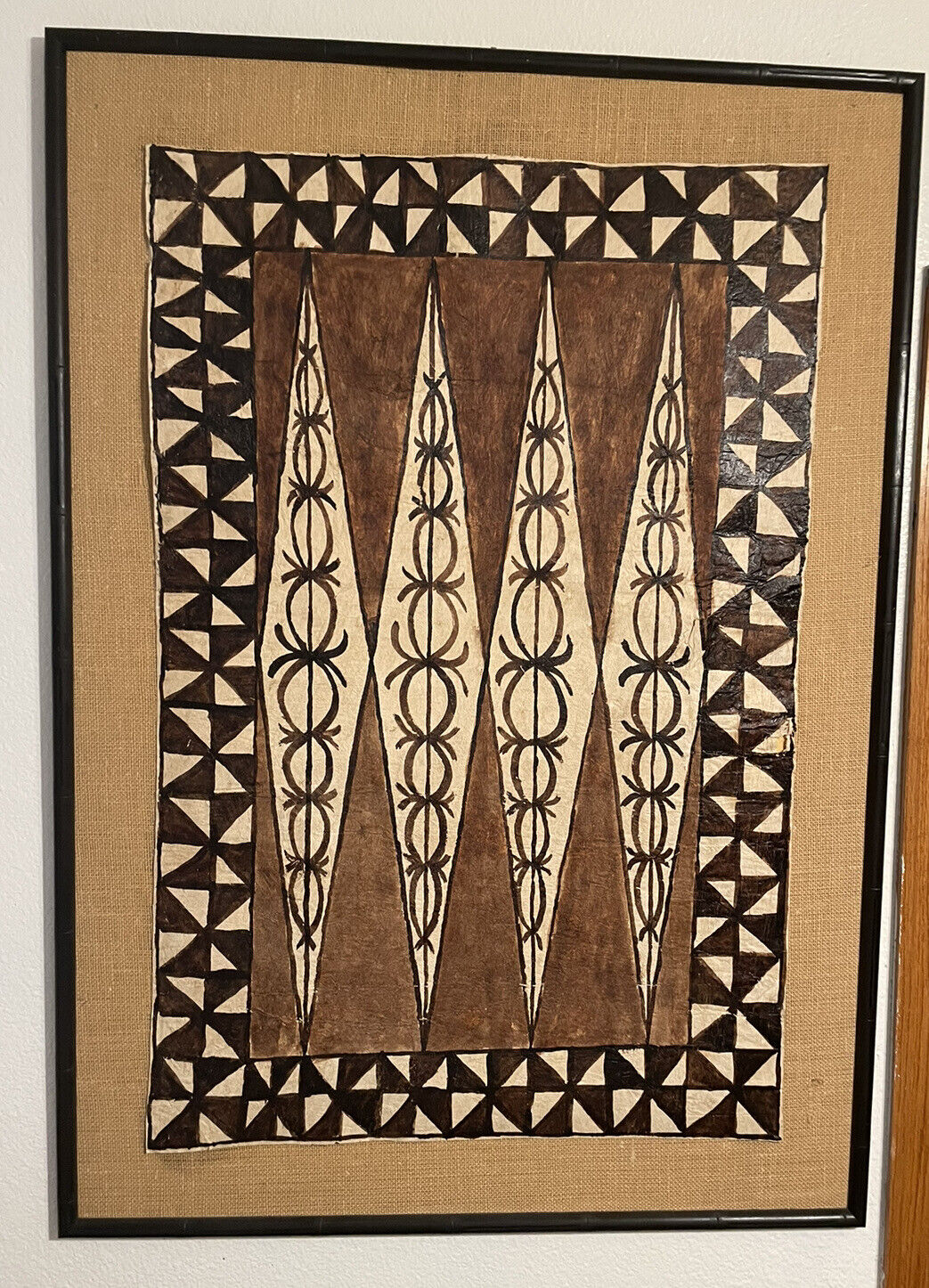 Large Framed Vintage Tapa Cloth Tiki Tribal Pacific Islands Oceanic Art