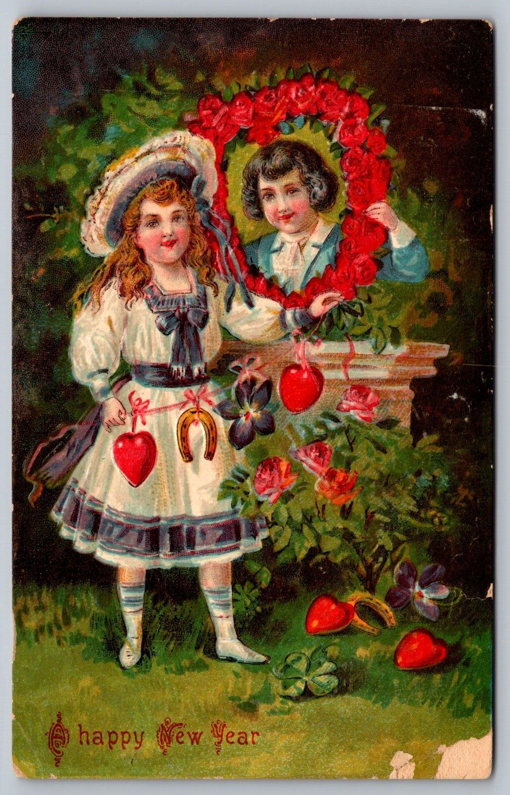 A Happy New Year Embossed German Antique Postcard c1910-Children-Lucky Charms