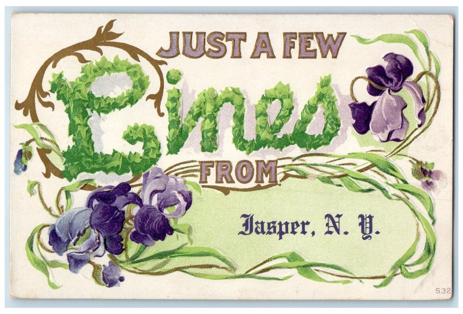c1910's Just A Few Lines From Jasper New Hampshire NH Flowers Embossed Postcard