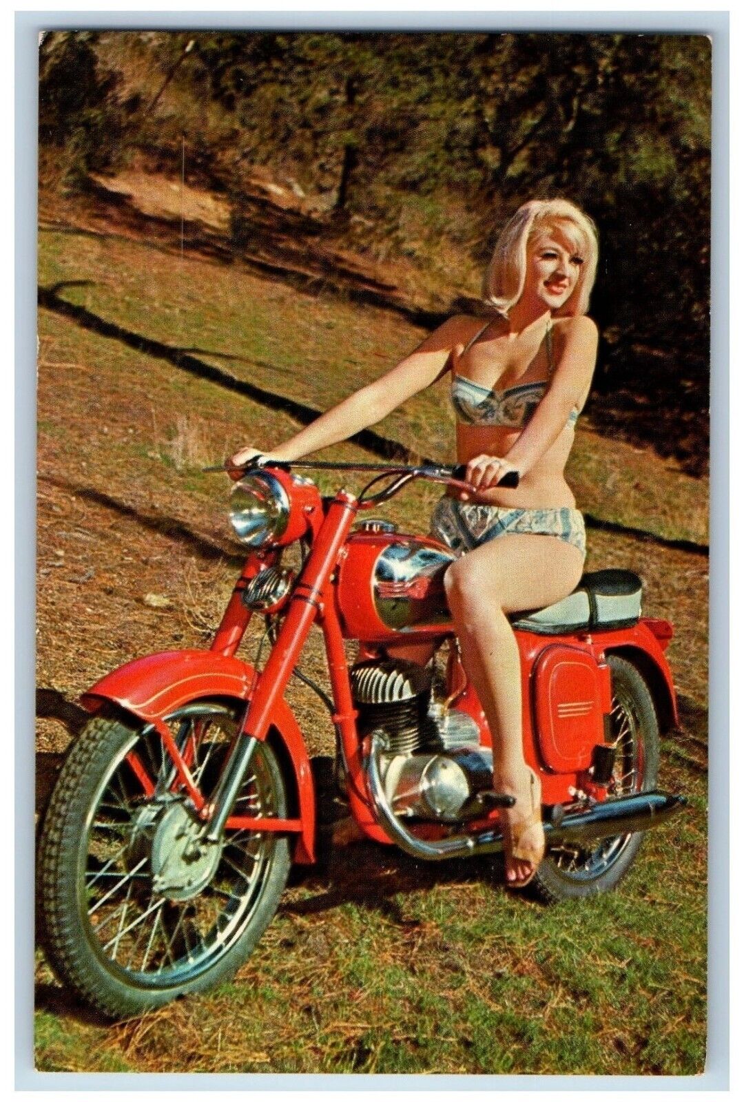 Pretty Woman Postcard Riding Motorcycle JAWA World's Best Two Stroke c1960's