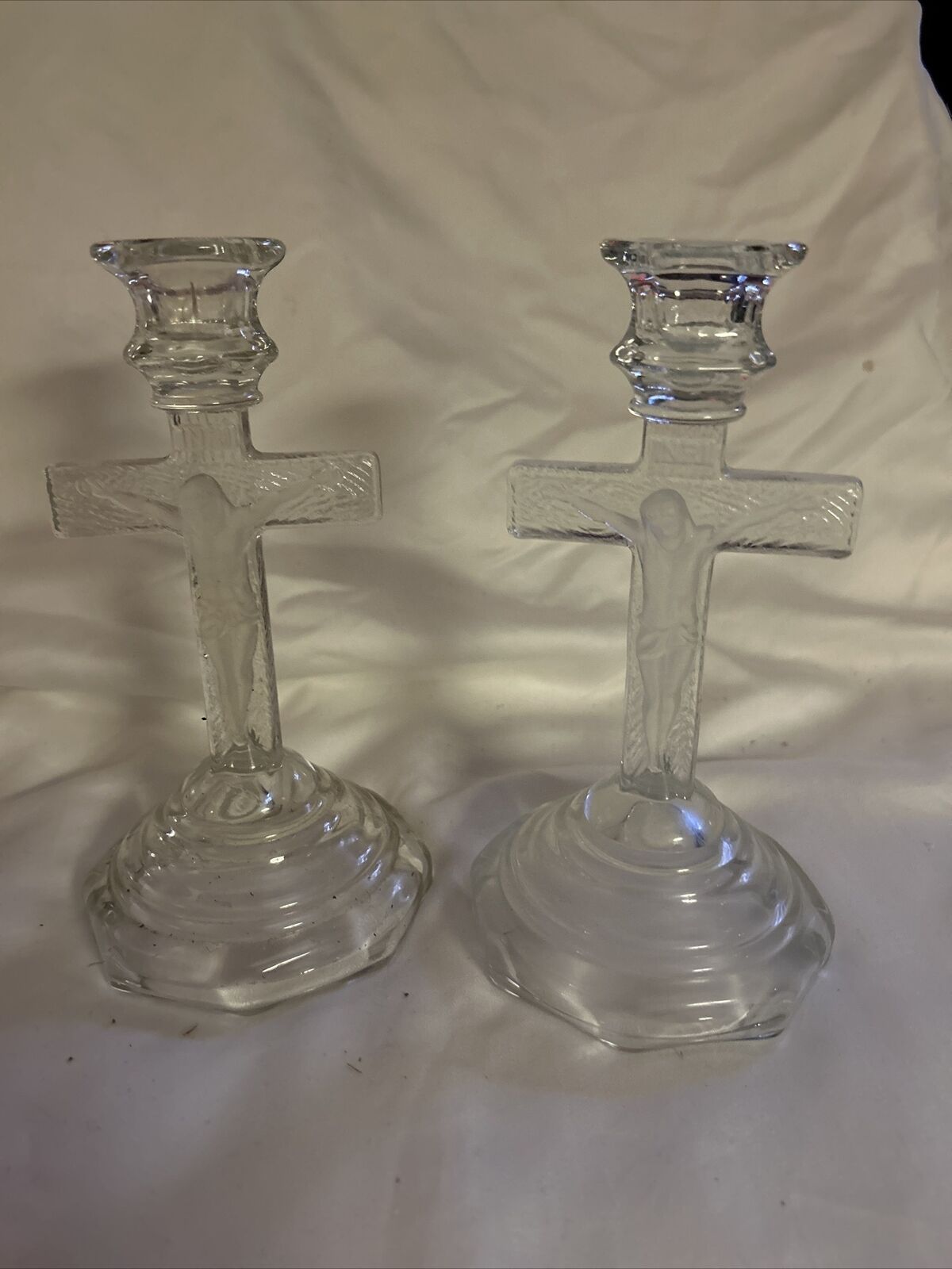 Vintage Glass Candle Holder Jesus On Cross Home Interiors Set Of (2) religious