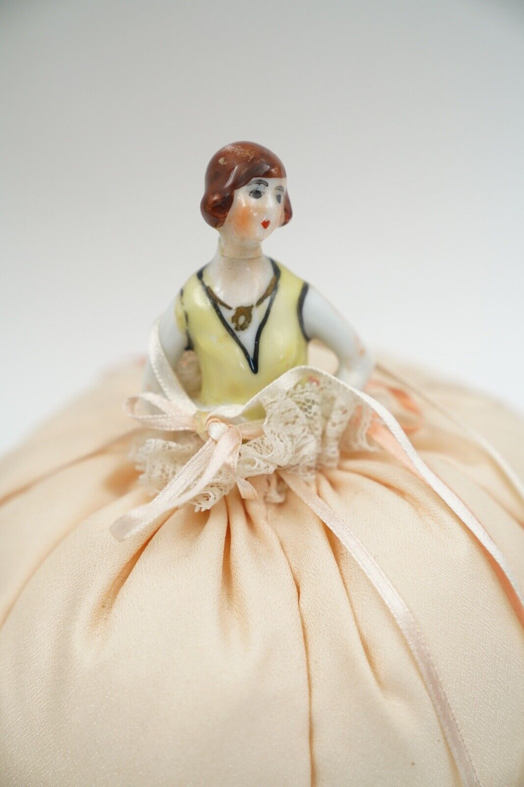 Vintage Porcelain Lady with Hands on Hips Satin Lace Pincushion Half Doll Figure
