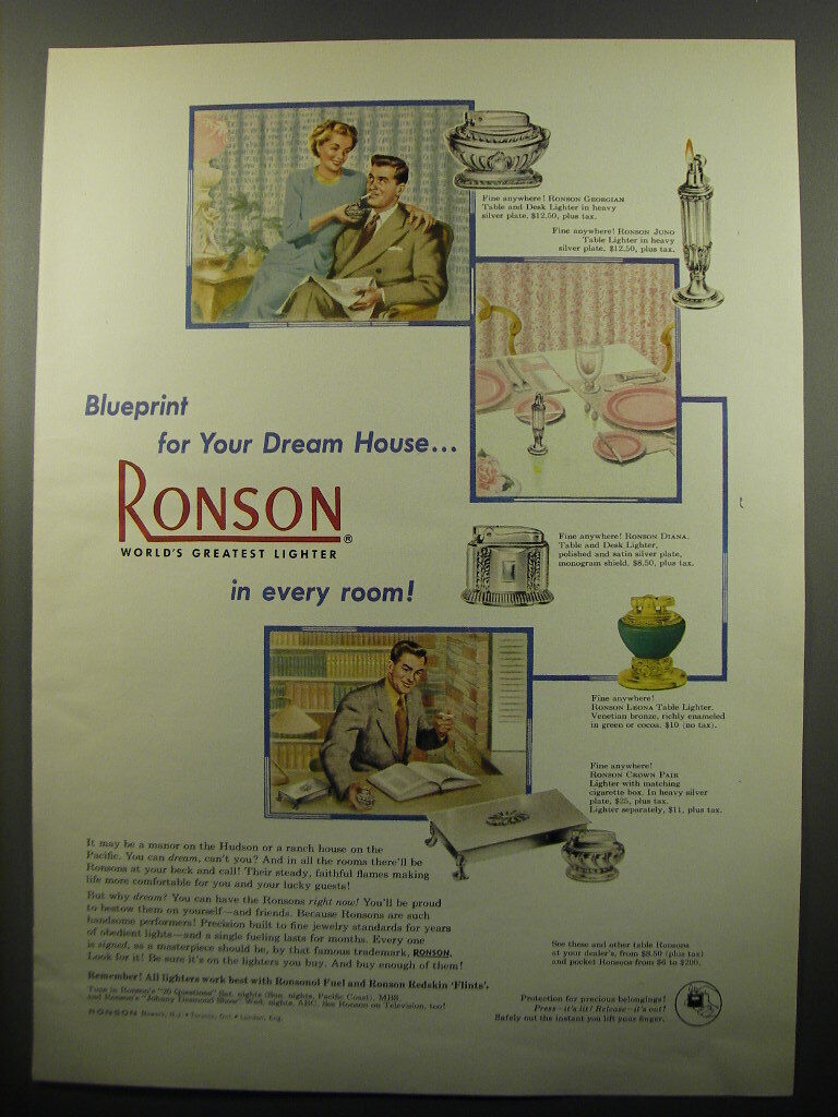1950 Ronson Cigarette Lighters Ad - Georgian, Juno, Diana, Leona and Crown Pair