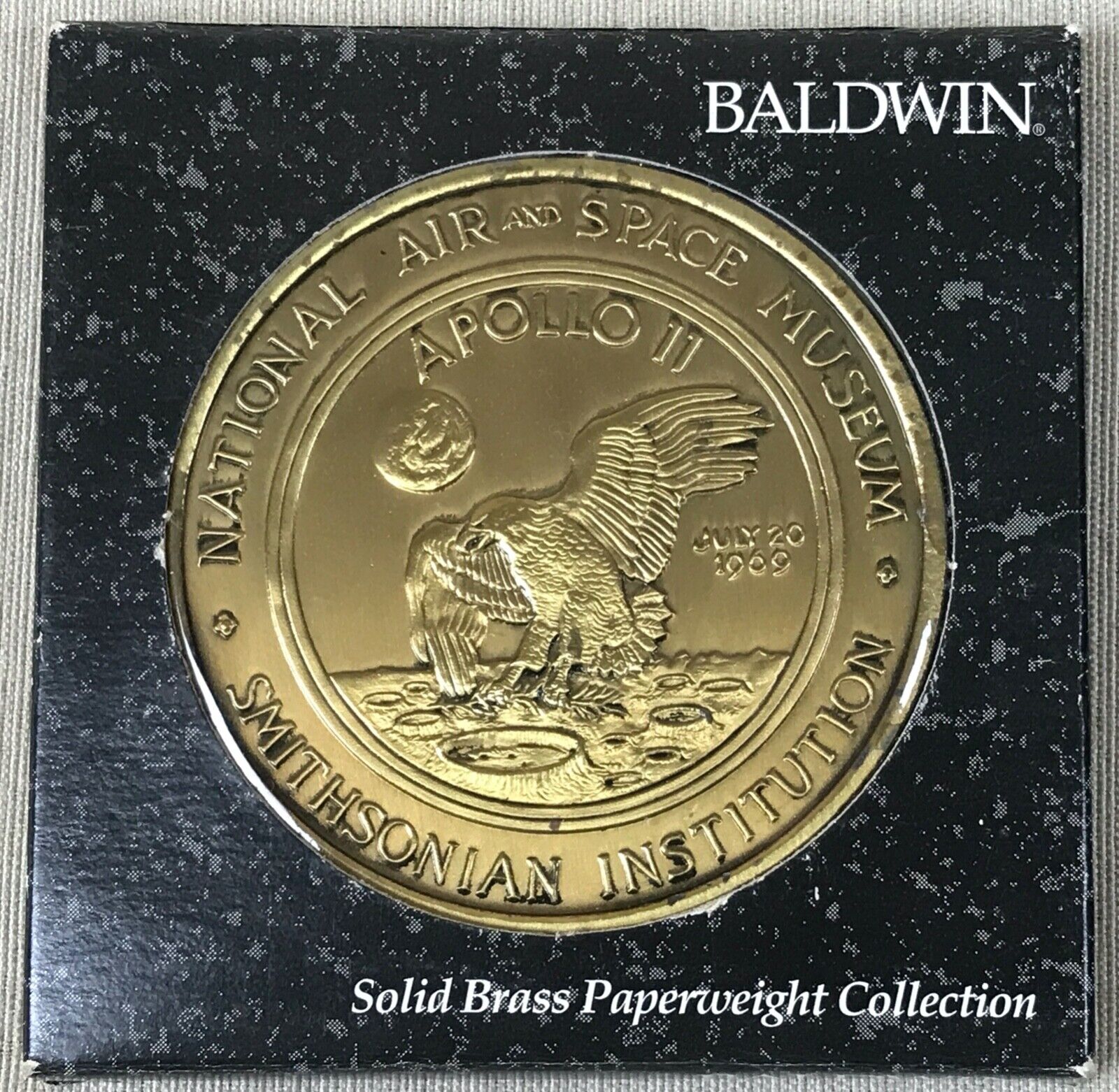 APOLLO 11  Baldwin Brass Paperweight ~ SMITHSONIAN AIR & SPACE MUSEUM w/Box 1994