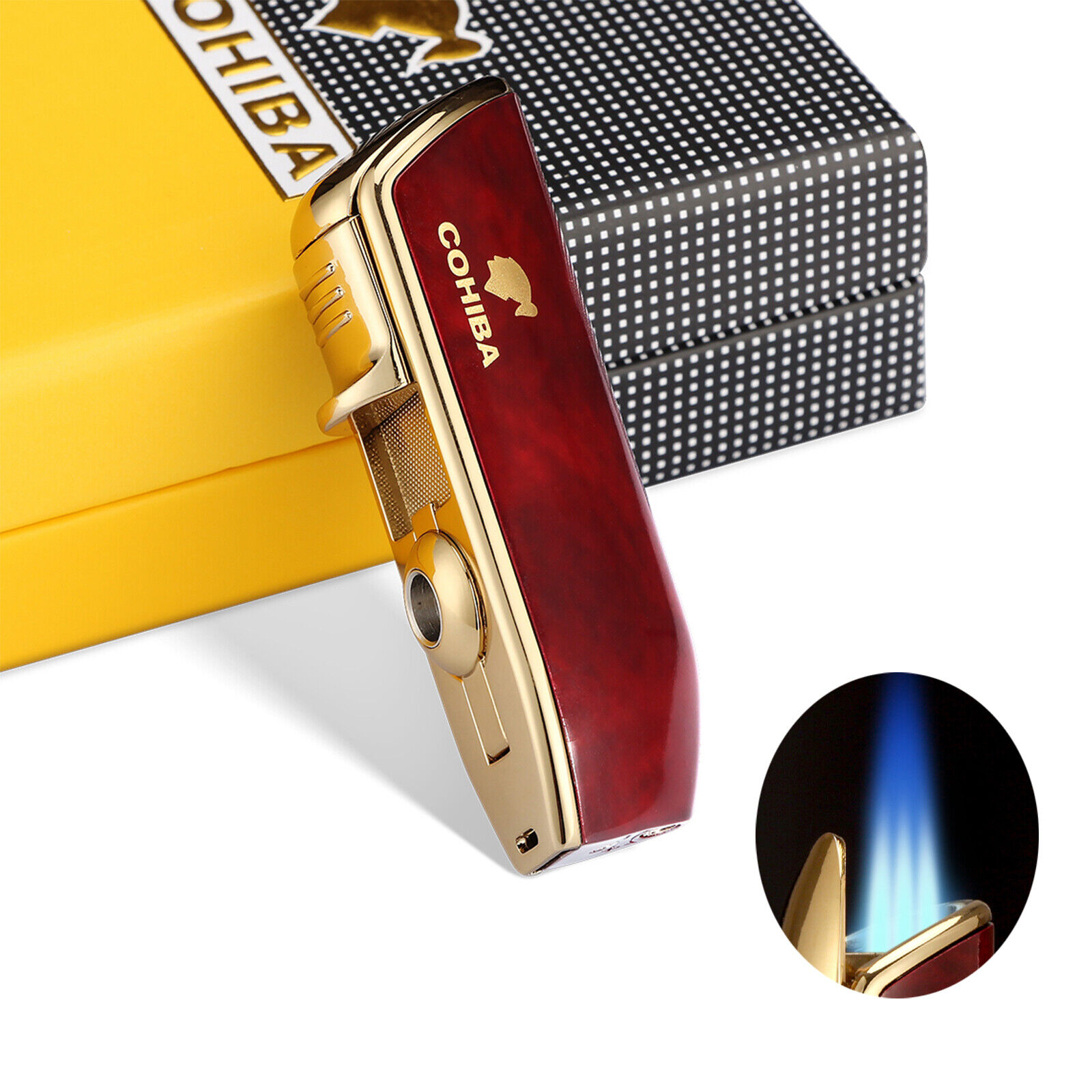 3 Jet Torch Cigar Lighter With Punch Flame Windproof Refillable Cohiba Gift Box