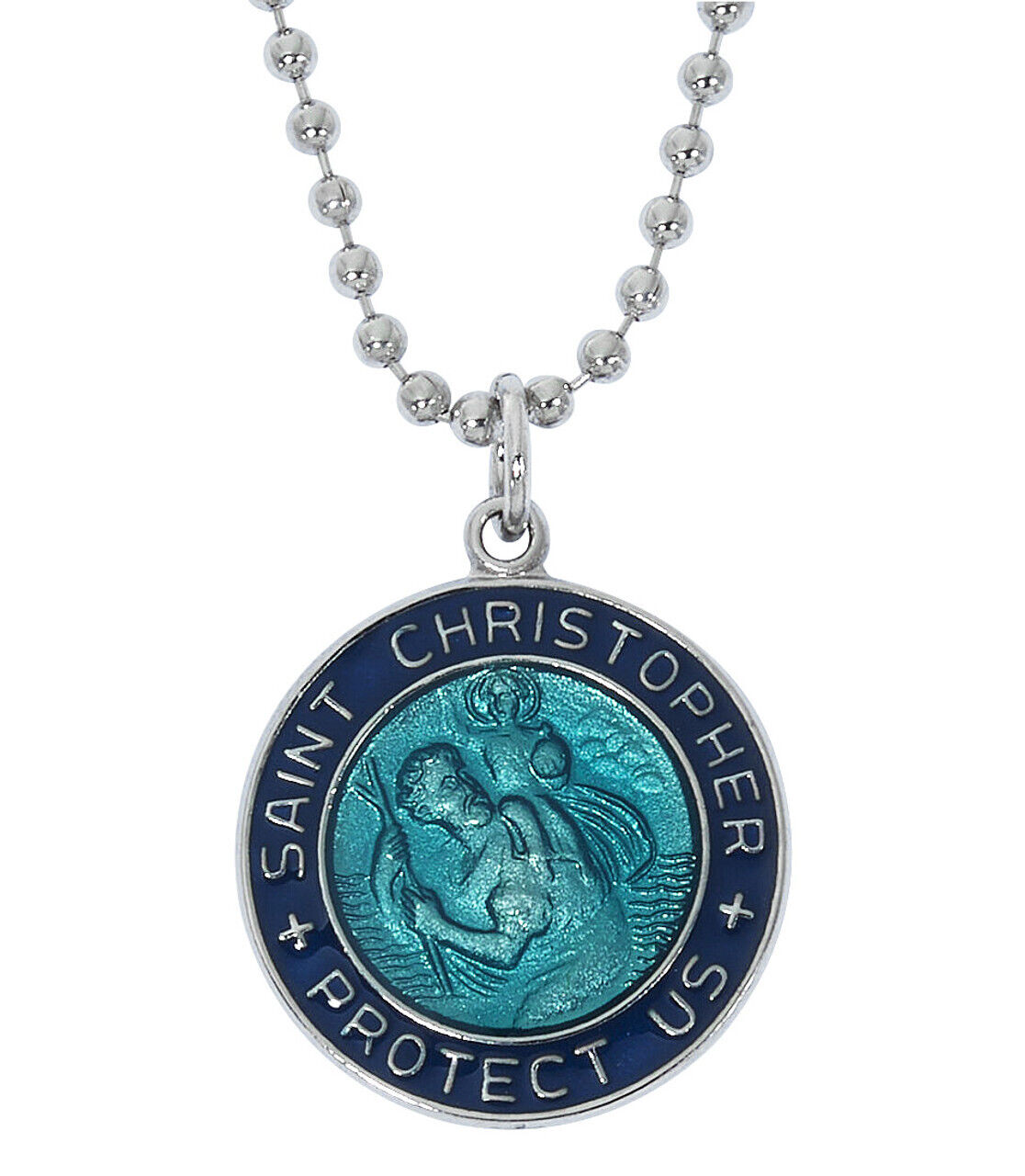 Blue and Aqua Saint Christopher Epoxy Medal Pendant with Adjustable Ball Chain