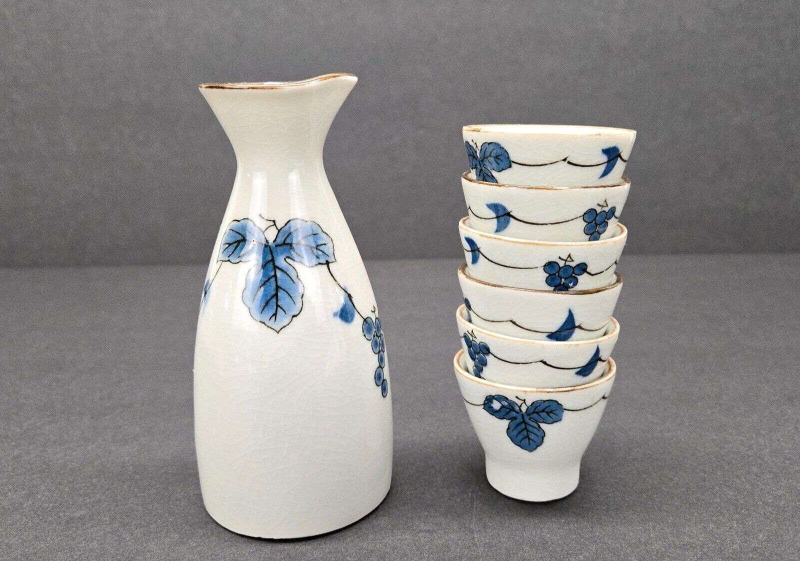 vintage omc japan pottery Otagiri Sake set glaze floral grape white blue brown