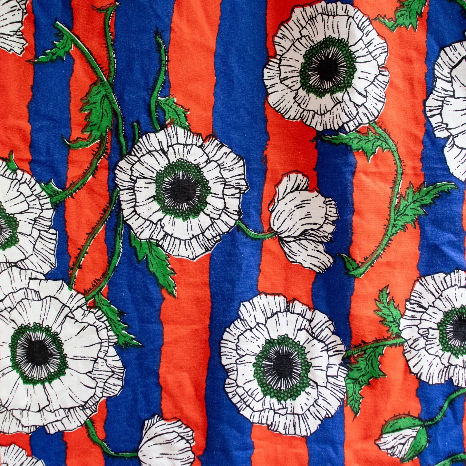 Vtg Tablecloth Funky Flower Power Fabric Red Blue 1960s 60x100 Midcentury Mod