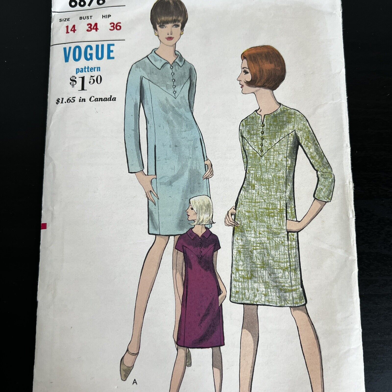 Vintage 1960s Vogue 6876 Semi Fitted Kimono Sleeve Dress Sewing Pattern 14 CUT