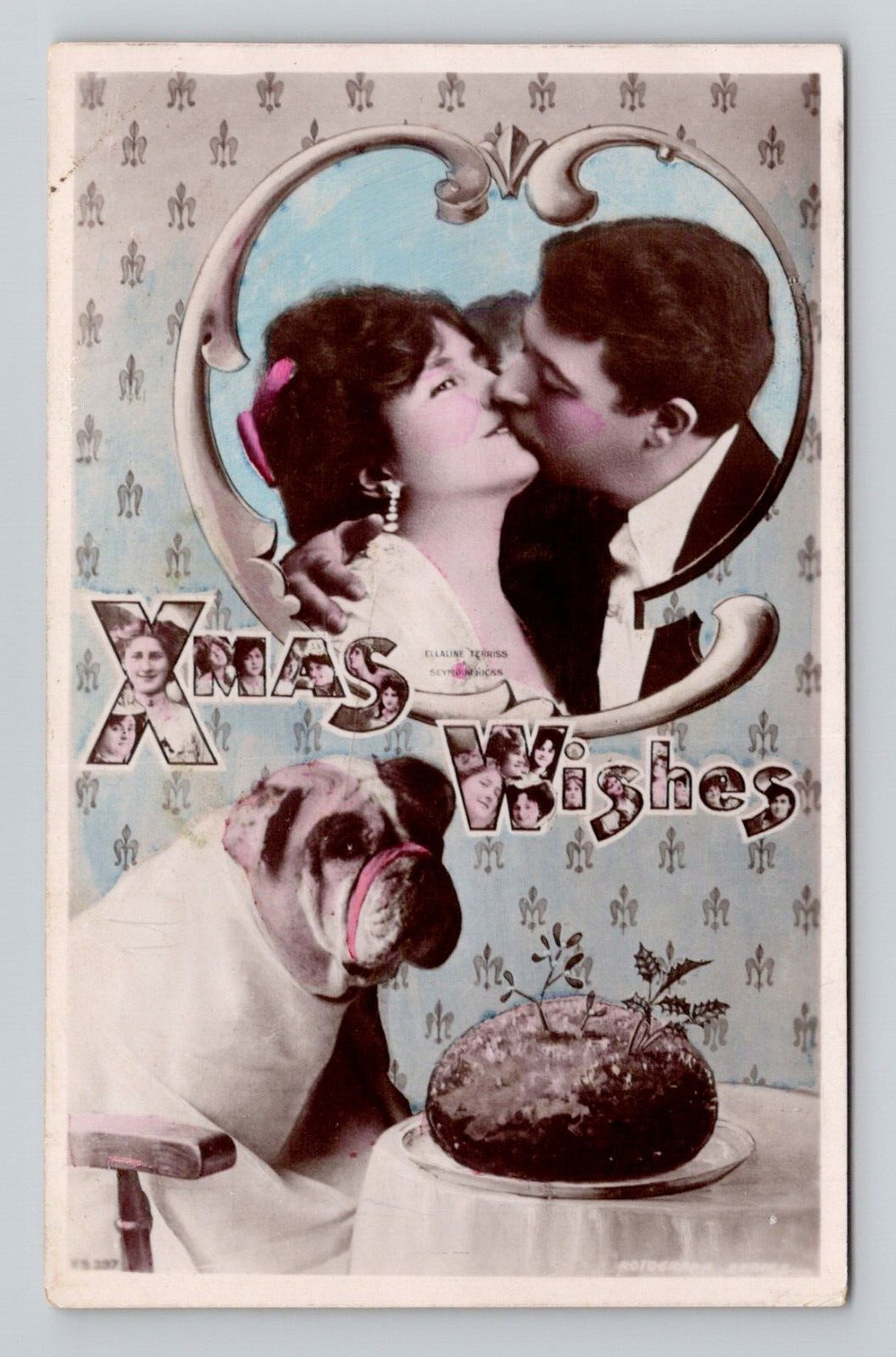 RPPC Christmas Wishes Couple Kissing w/ Dog, 1909 Antique Real Photo M4