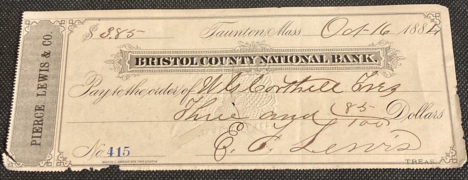 Bristol County National Bank 1884 Check Taunton, MA