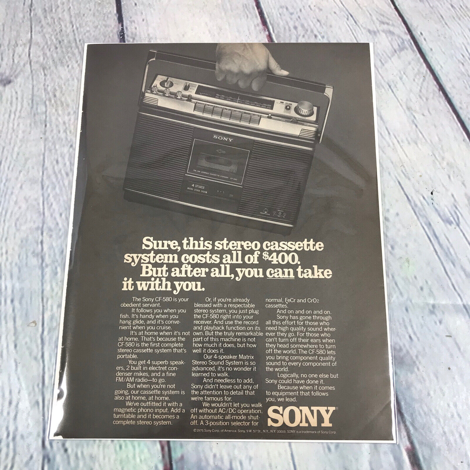 Vintage 1976 Sony Stereo Cassette Player Genuine Magazine Advertisement Print Ad