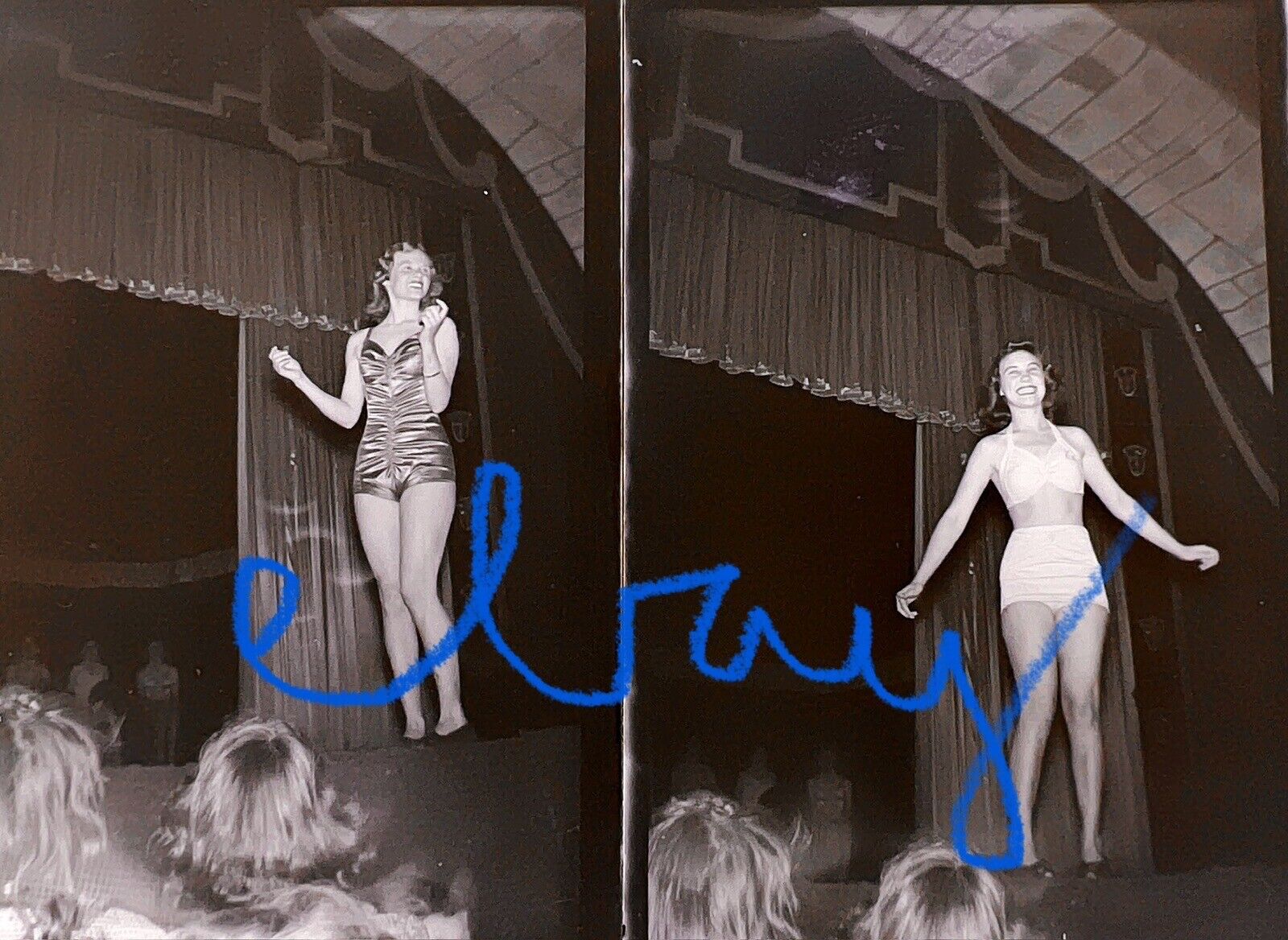 VTG 1940s Smiling Pretty Young Women Swimsuit Pageant Awkward on Stage Negatives