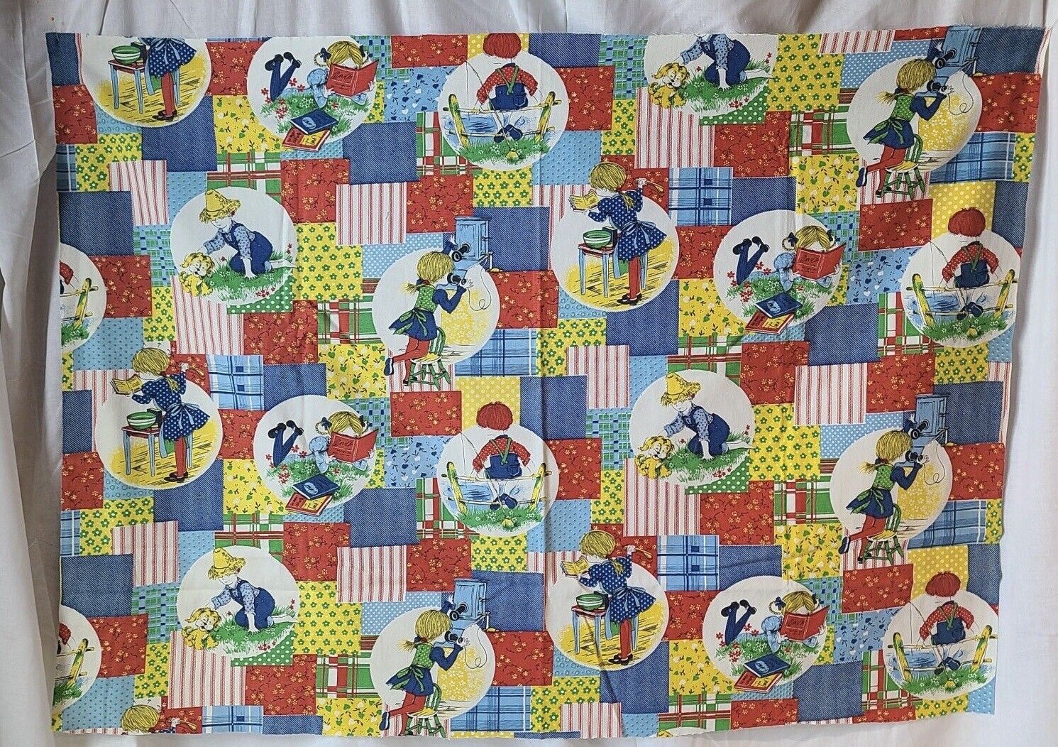 VINTAGE 1970s Holly Hobbie Style Feed Sack Patchwork Calico Print Cotton Fabric