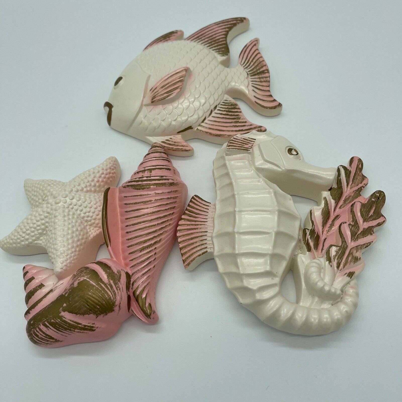1979 Miller Studios Chalkware Seahorse Fish & Shell Pink Cream & Tan 3 Piece Set