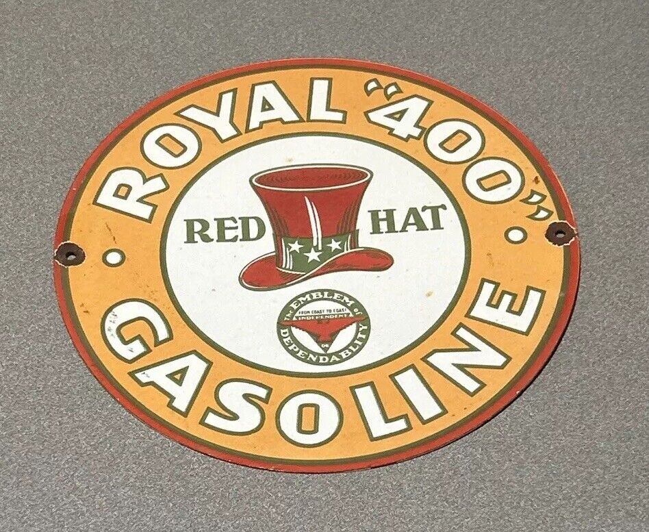 VINTAGE 12” RARE ROYAL 400 RED HAT MOTOR OIL PORCELAIN SIGN CAR GAS