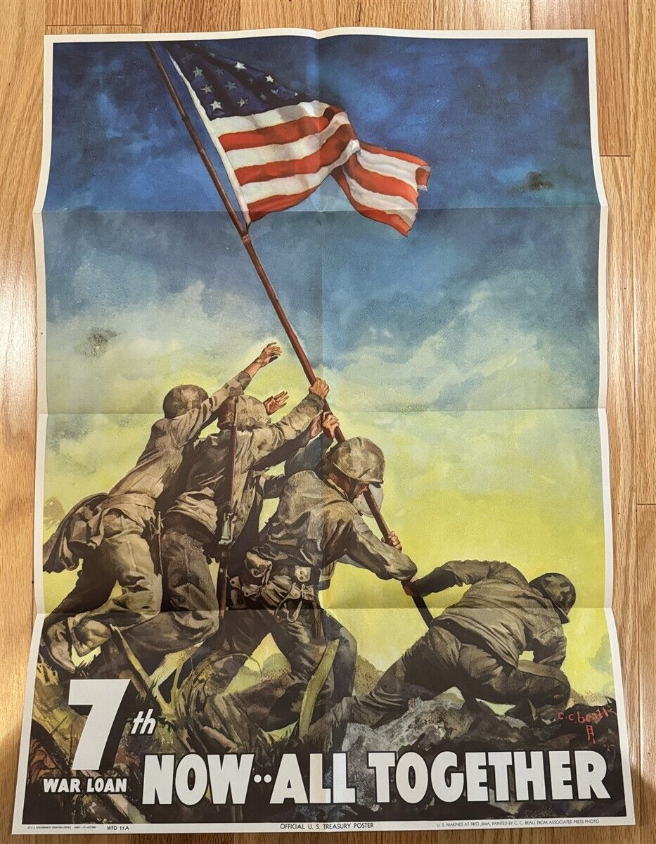 WW2 US propaganda poster Now All Together 7th War Loan home front Iwo Jima Japan