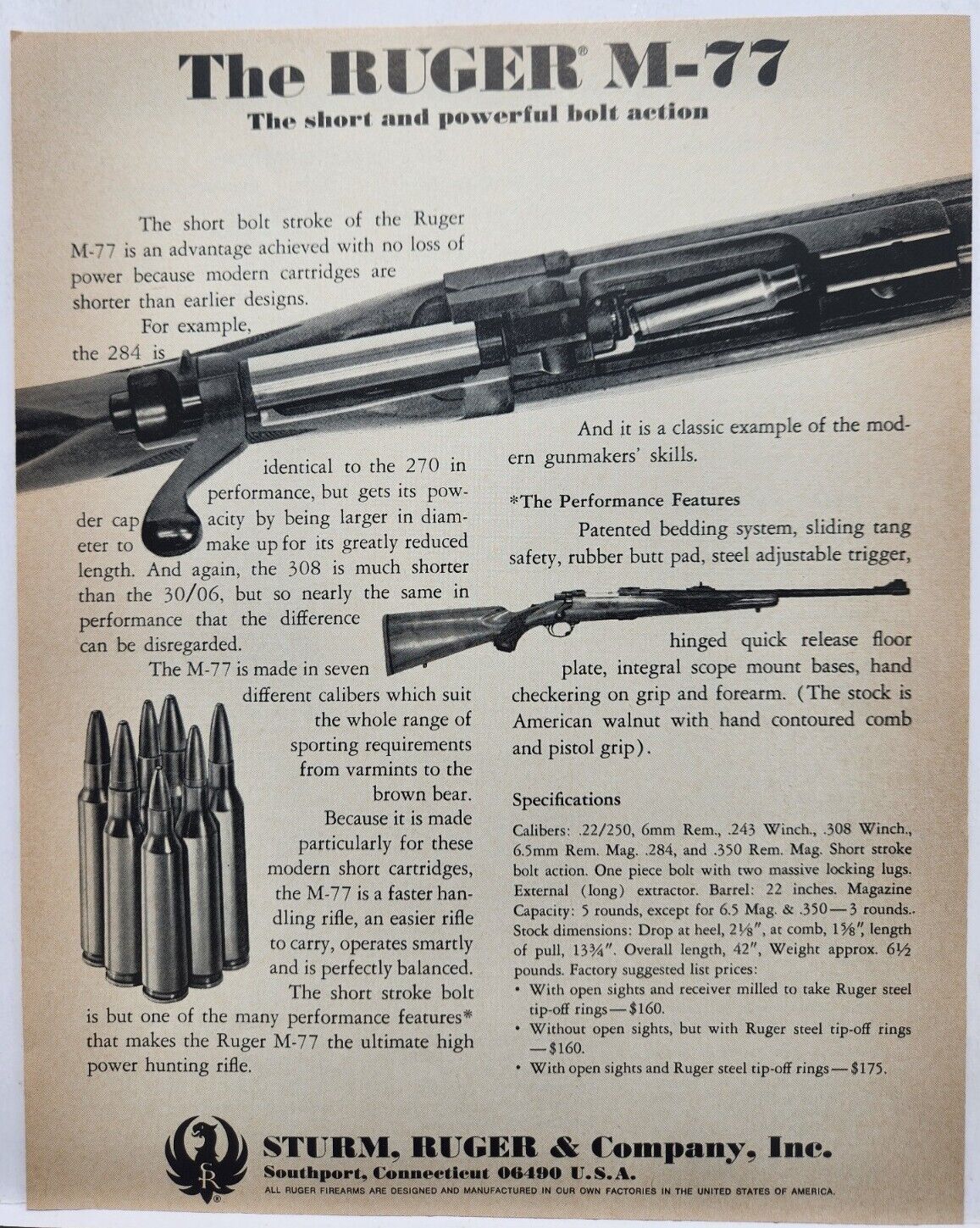 1970 Sturm Ruger M-77 Rifle Hunting Vintage Print Ad Man Cave Southport CT 70's