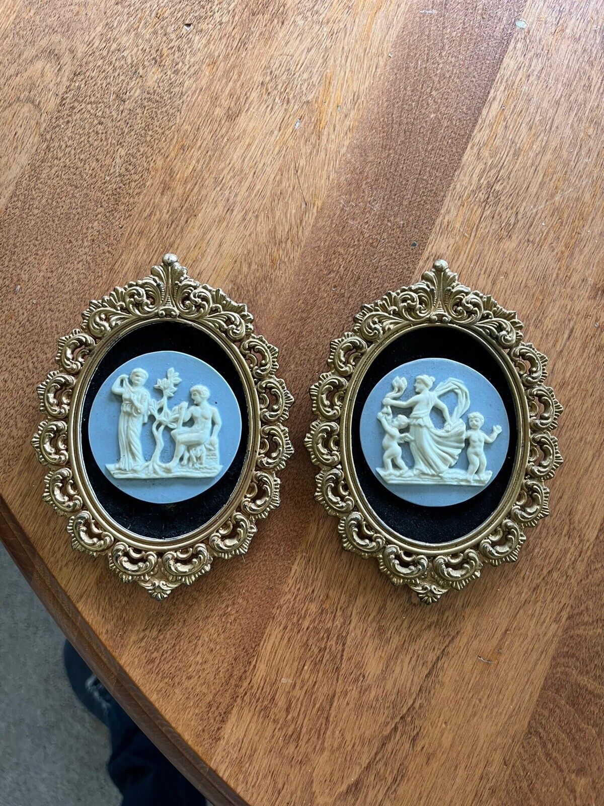 2 small Antique blue jasperware wedgwood? medallions ornate bronze frames Italy