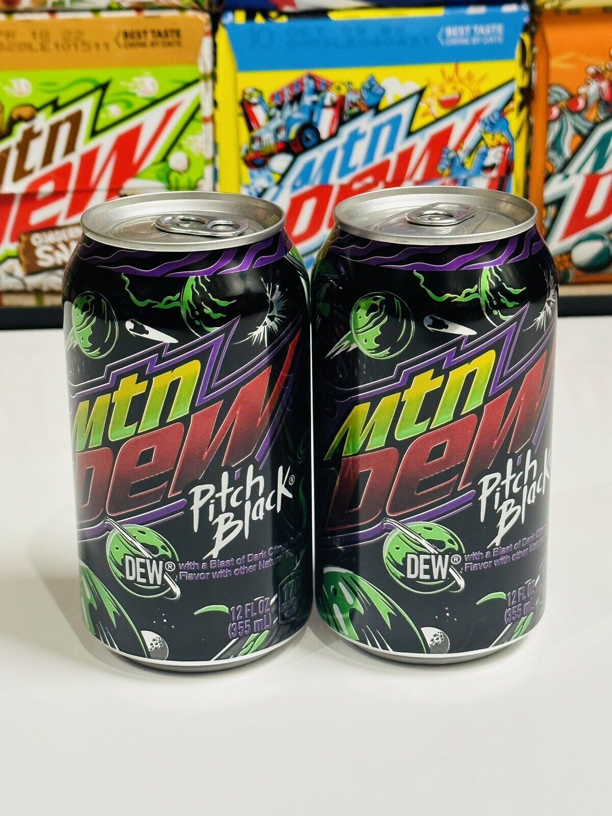 Mountain Dew Pitch Black - Two (2) Full Sealed 12oz Cans - Rare/Discontinued 