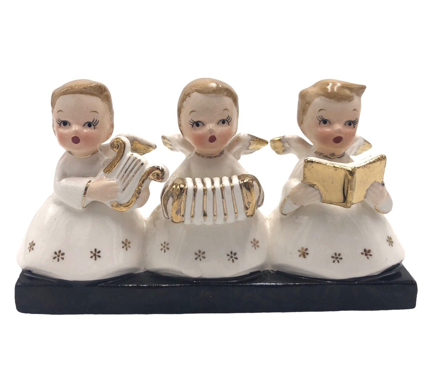 Vintage Arnart 3 Angels Choir Singing Music Accordion Harp Gold Christmas #3726