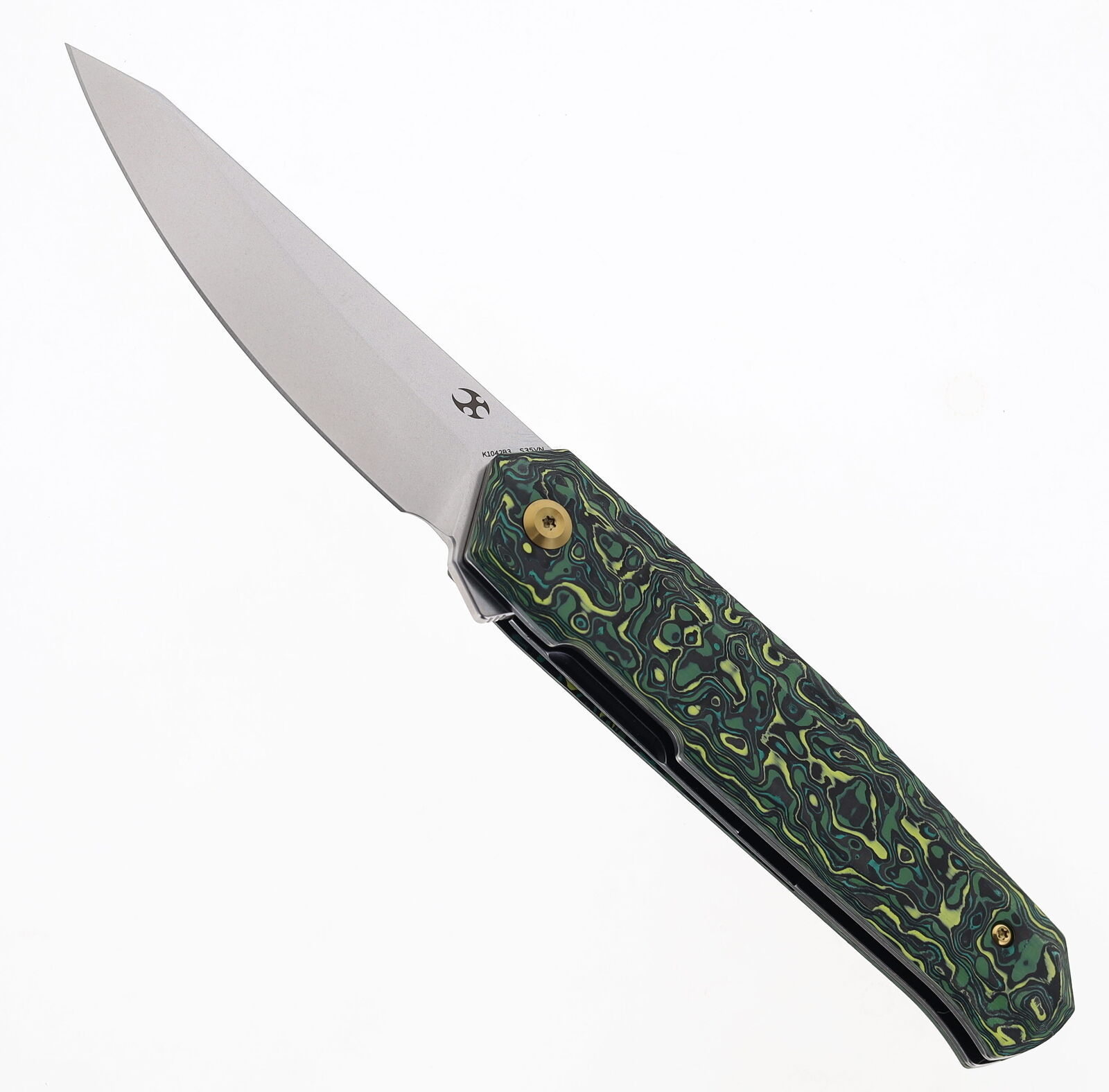 Kansept Integra Folding Knife Green/Yellow CF Handle S35VN Plain Black K1042B3