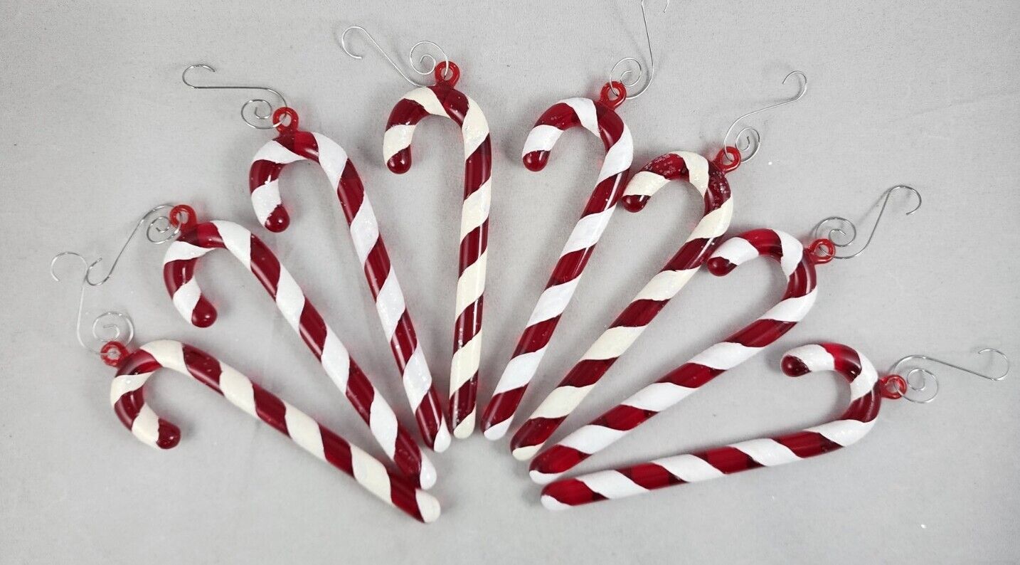 Lot of 8 Festive Candy Cane Ornaments Hard Plastic Red White Decorative