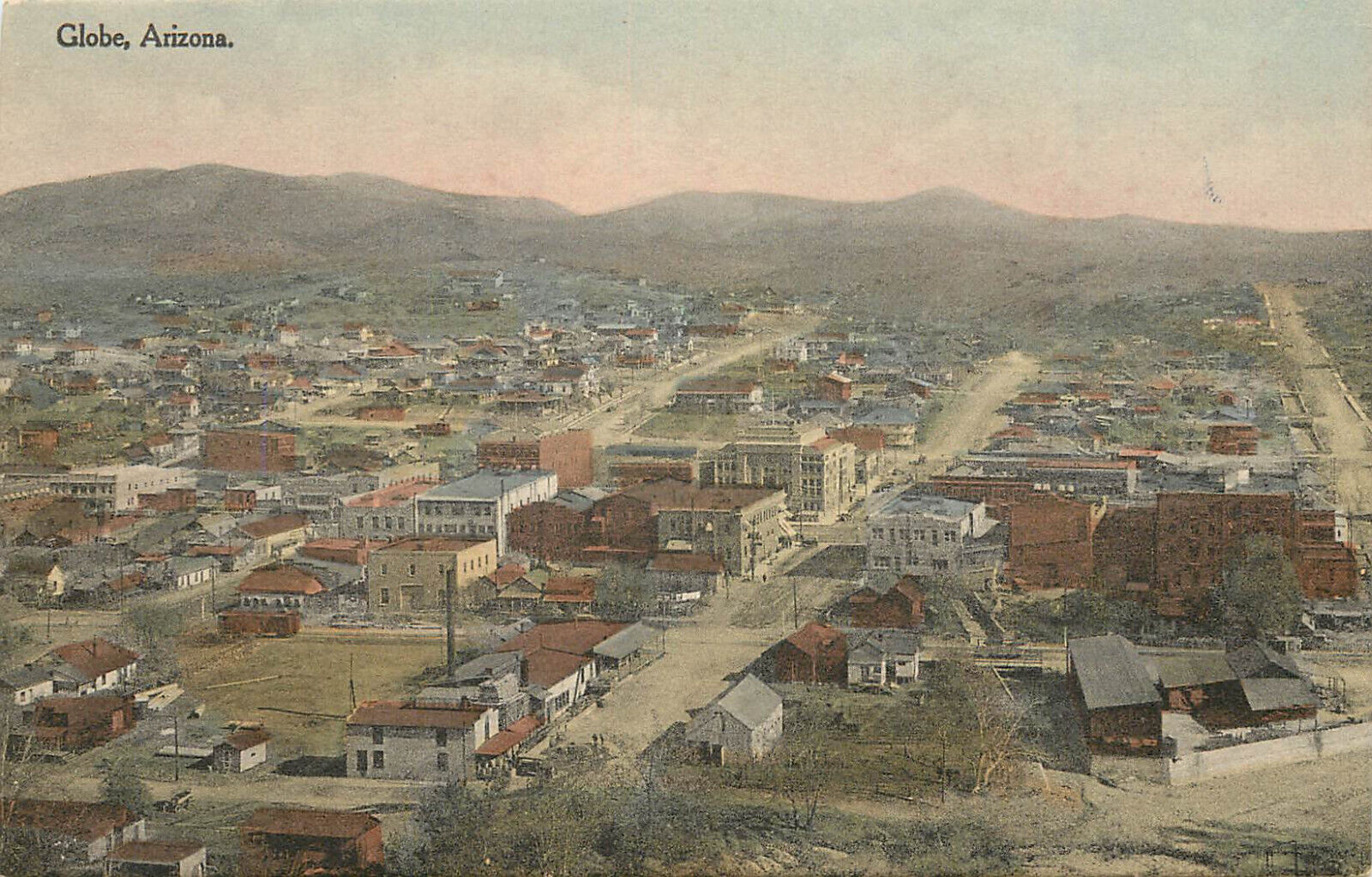 Hand Colored Postcard Town View Globe AZ Gila County Albertype