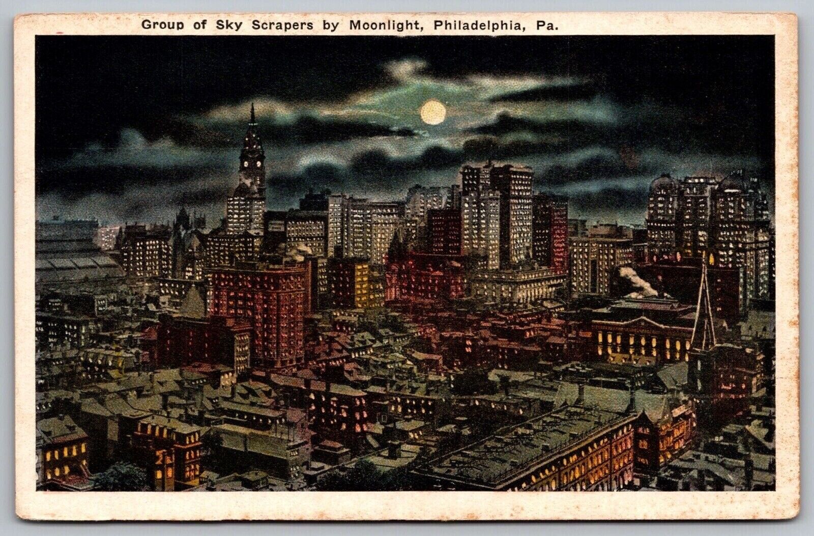 Skyscrapers Moonlight Philadelphia Pennsylvania Birds Eye View Vintage Postcard