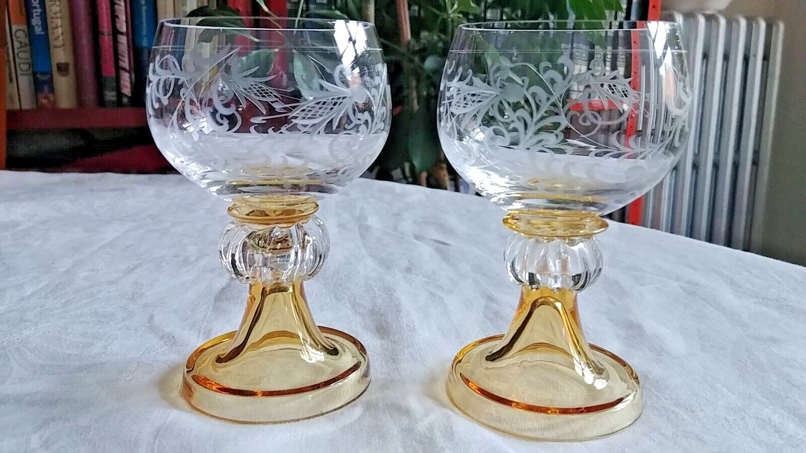 2 Vtg Bohemian Glasses Amber Stem Etched Clear Bowl ~ Theresienthal?