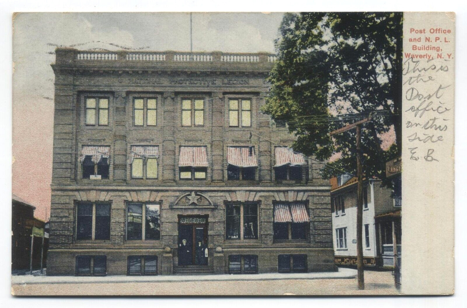 NY ~ Post Office & N.P.L. Building WAVERLY New York 1910 Tioga County Postcard