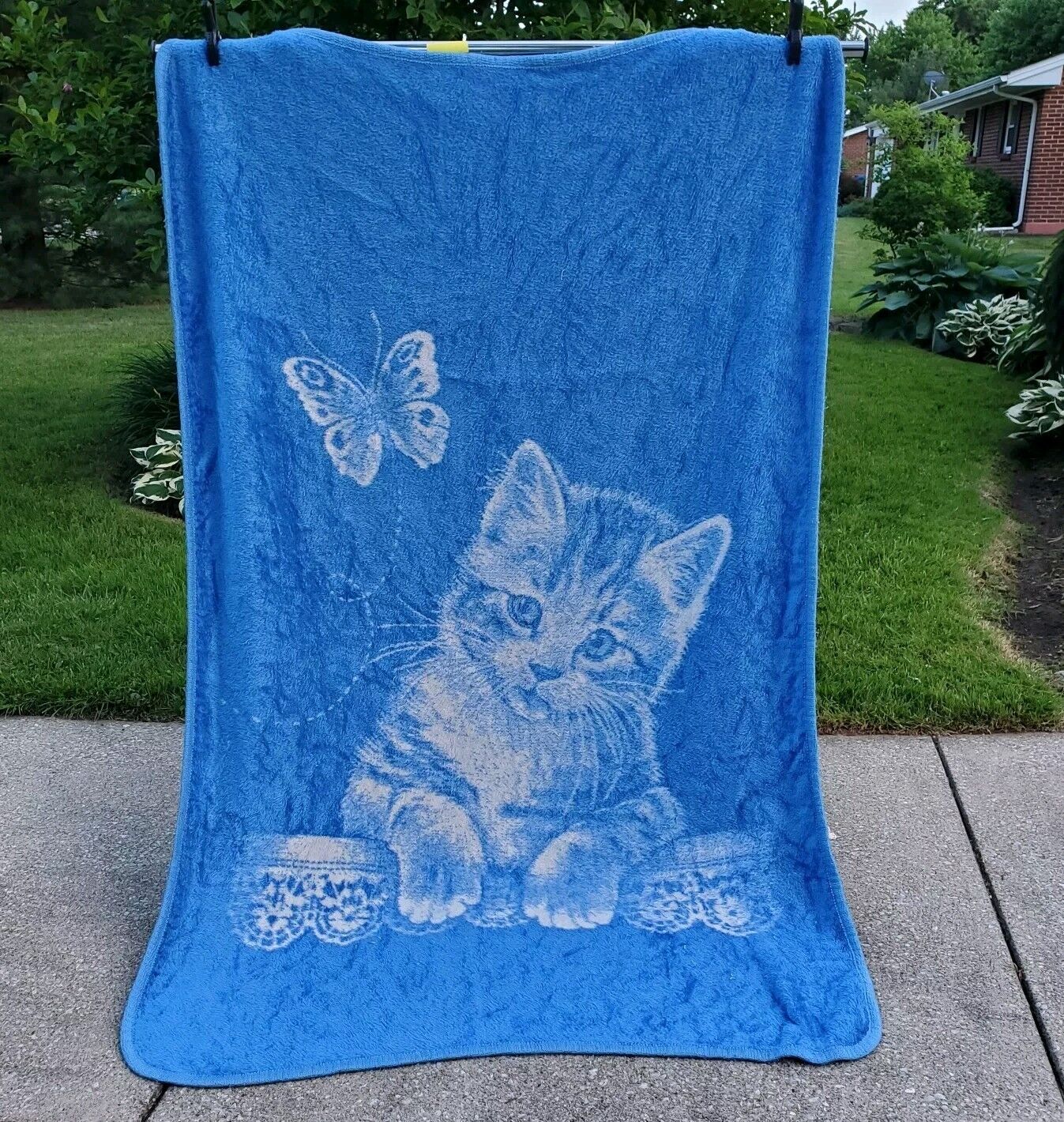 Vintage San Marcos Blanket Baby Kitten Cat Butterfly Blue White Reversible 84x48