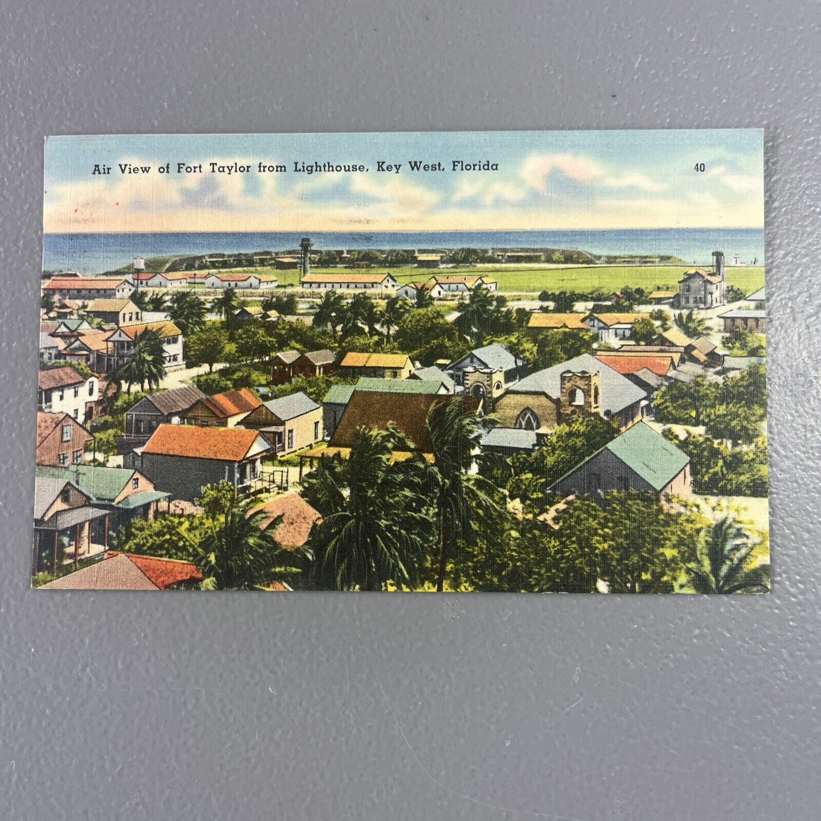 Linen Postcard Aerial View of Fort Taylor Lighthouse in Key West, Florida 1953