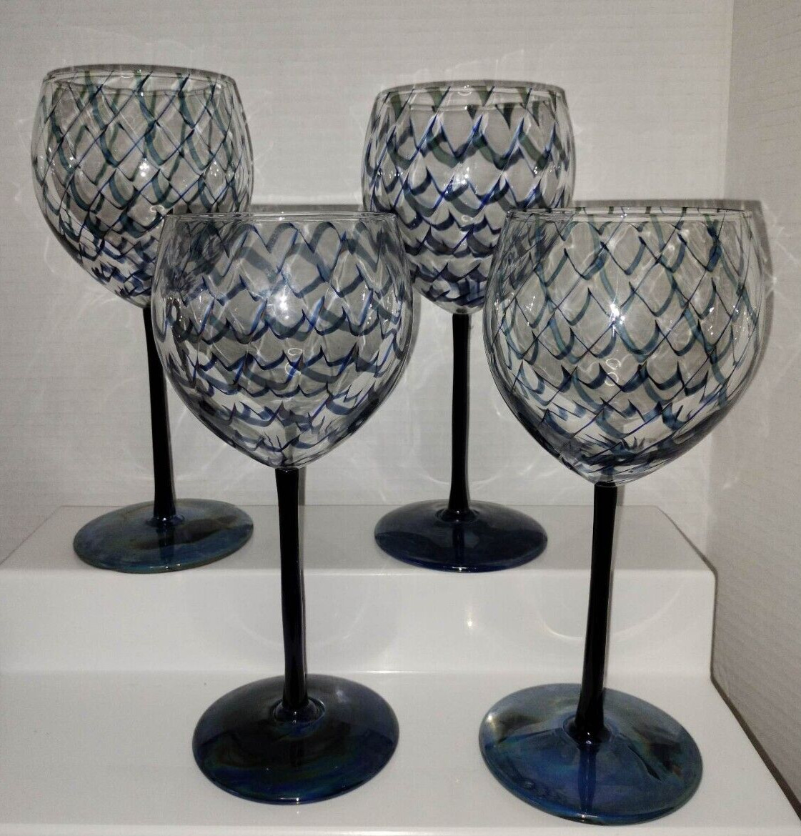 1979 RANDY STRONG/SIGNED STUDIO CREATIVE GLASS /WINE GOBLETS/ SET OF 4