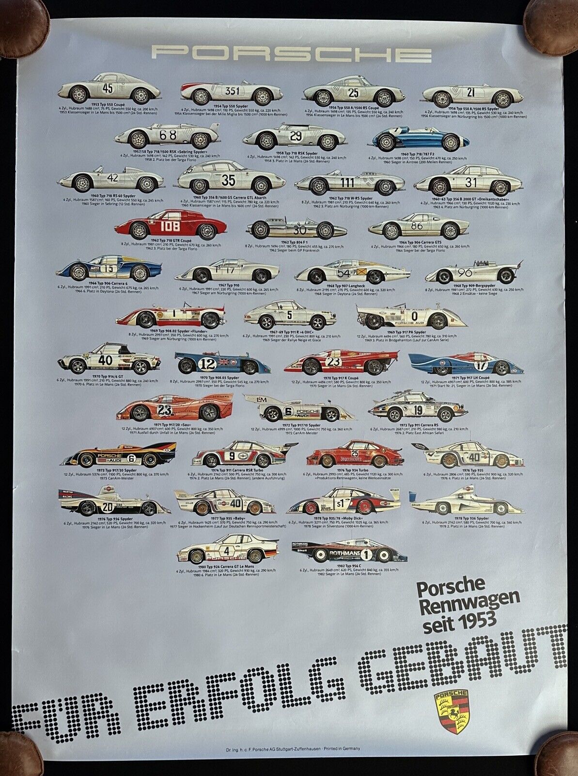 PORSCHE Rennwagen Seit 1953-1982 Large Poster 956 935 Moby Dick 917 911 718 550
