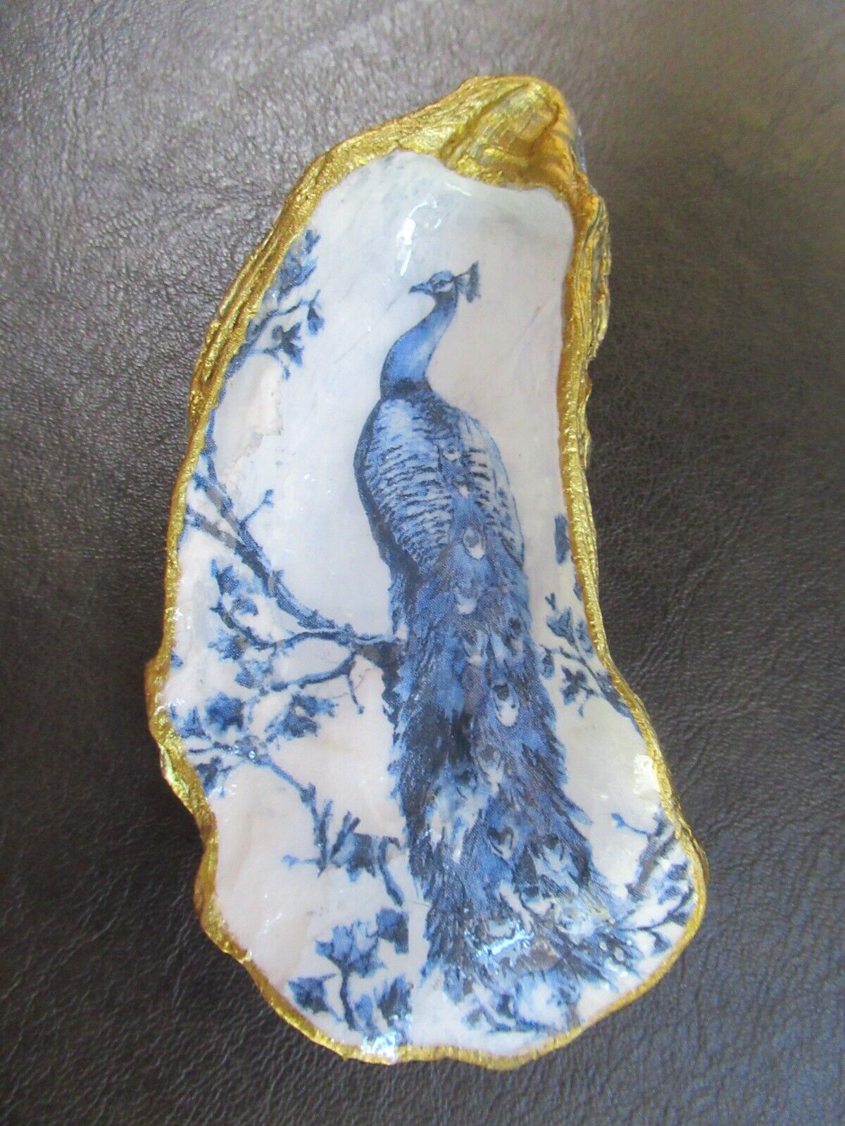 Decoupaged Oyster Shell       Royal Blue Peacock
