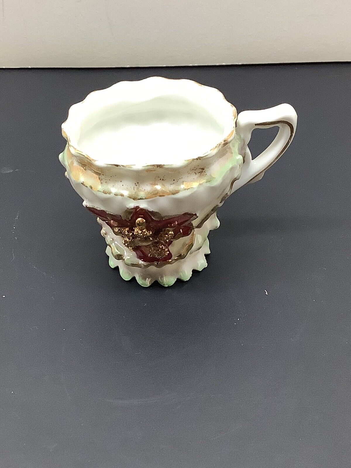 Vintage German Porcelain Demitasse Tea Cup & Saucer Green & White W/Gold Flower 