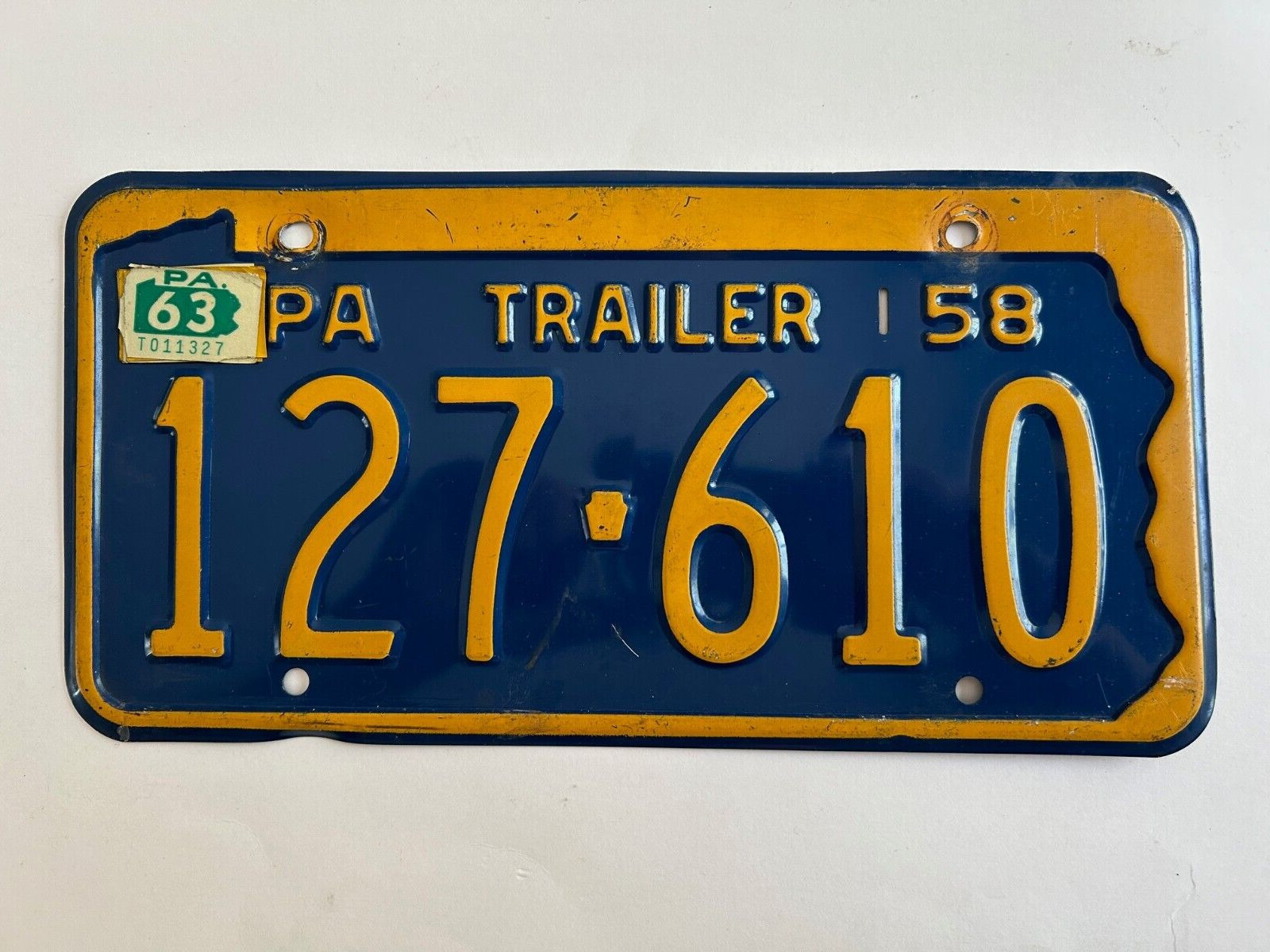 1963 Pennsylvania License Plate TRAILER, Year Stickers on 1958 dated base