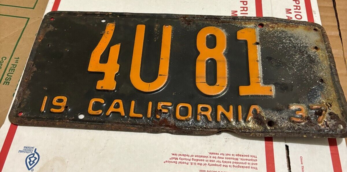1937 California License Plate - Original 4U 81