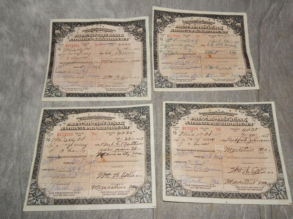 4 Vintage old Whiskey Prescriptions- National Prohibition Act Dated 1927 Liquor