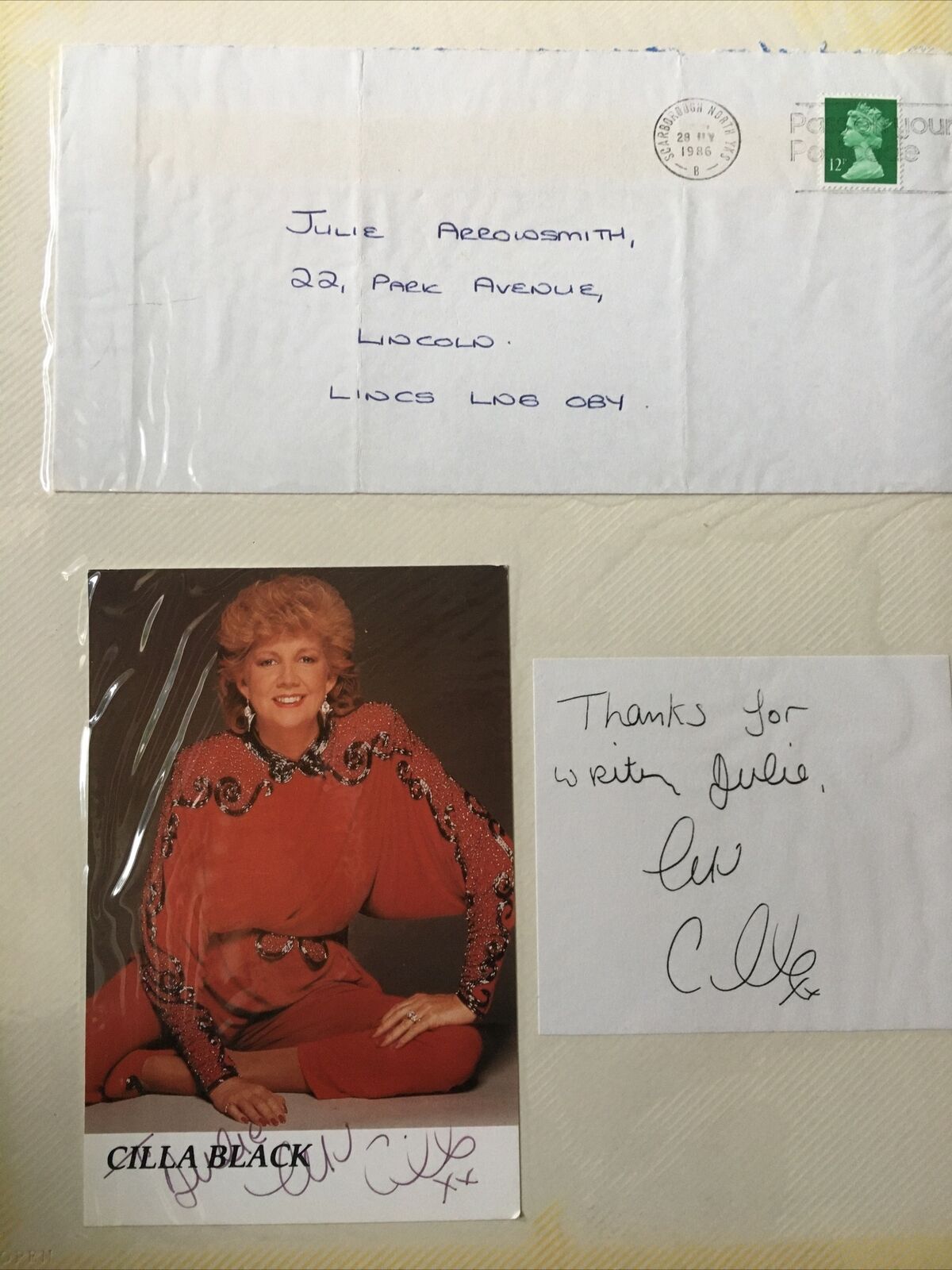 Cilla Black Hand Signed Photo Card + Note
