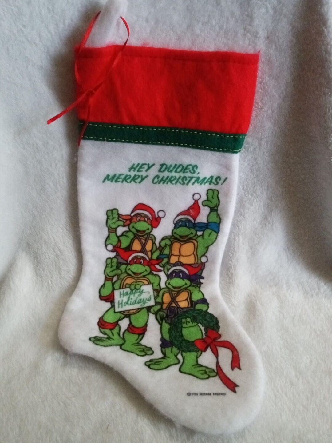Vintage 1990 TMNT Teenage Mutant Ninja Turtles White Christmas Stocking 15
