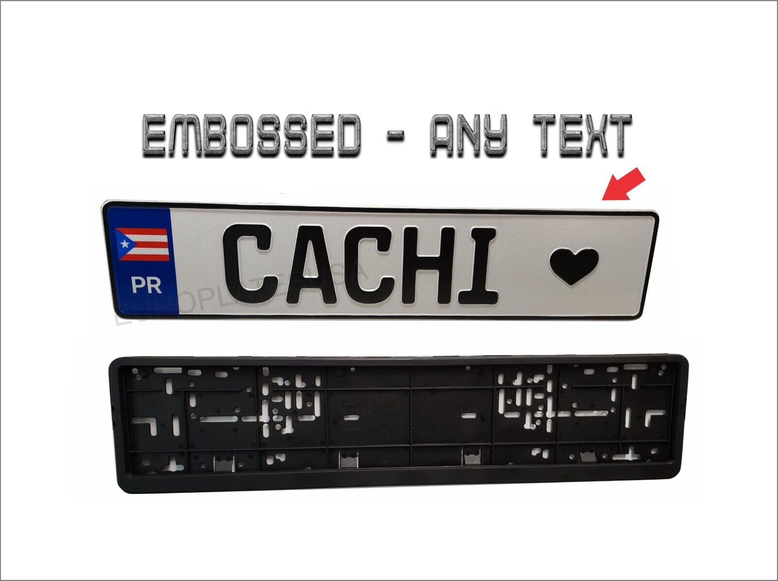 PUERTO RICO European License Plate, CUSTOM TEXT, EMBOSSED, ANY TEXT with frame