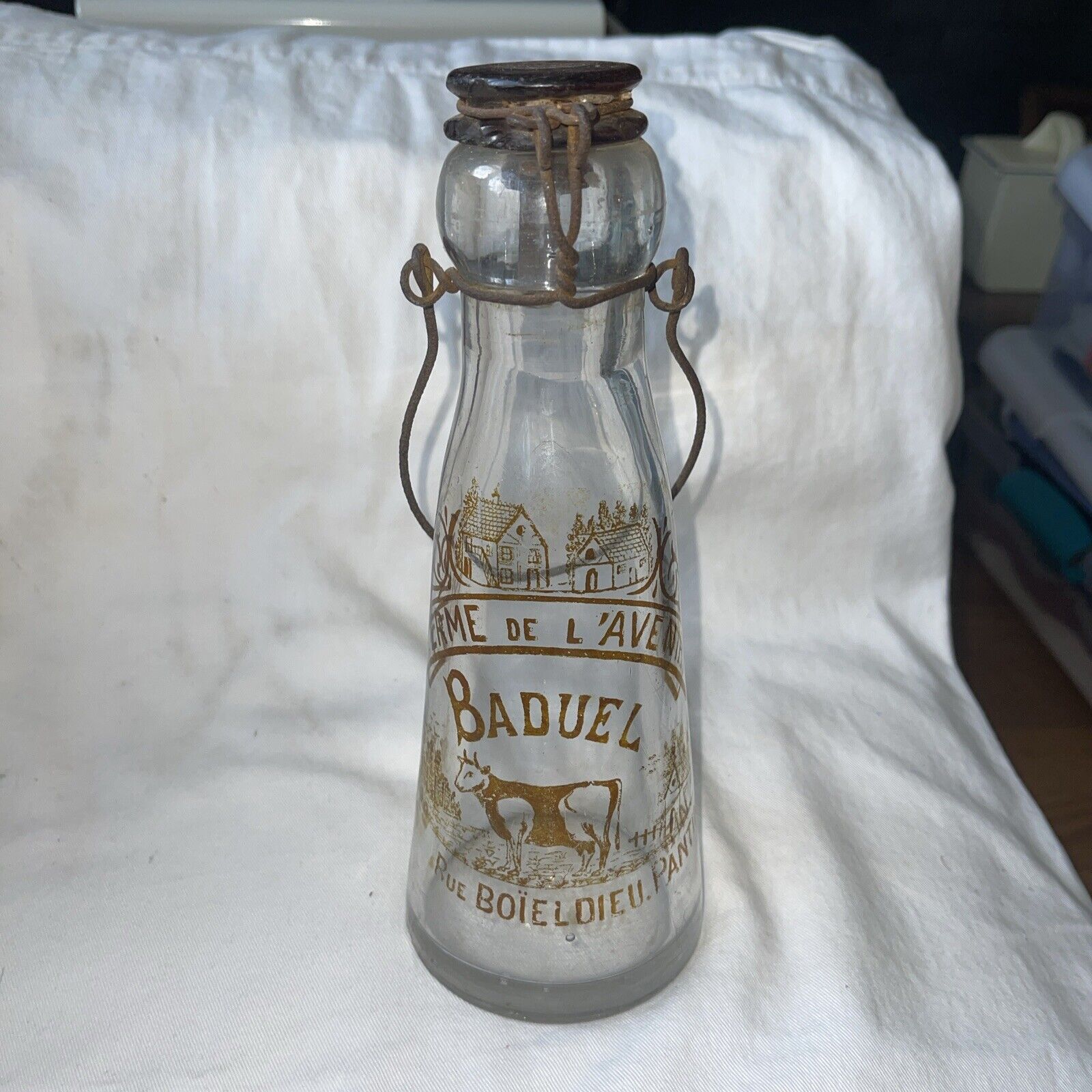 Antique French BADUEL Glass Milk Bottle w/glass  Stopper C-1930’s ULTRA RARE