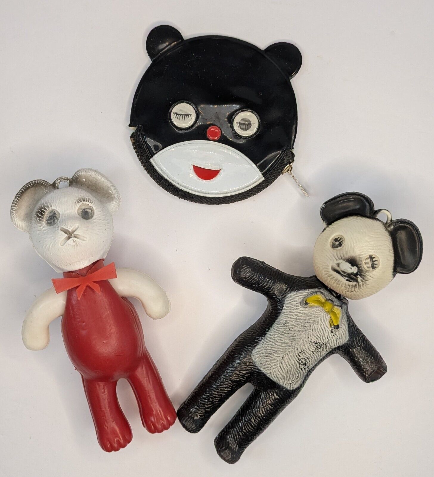 3 Vintage 1950's Toy Bears & Panda Zip Coin Purse Motion Winking Eyes 3D Lot