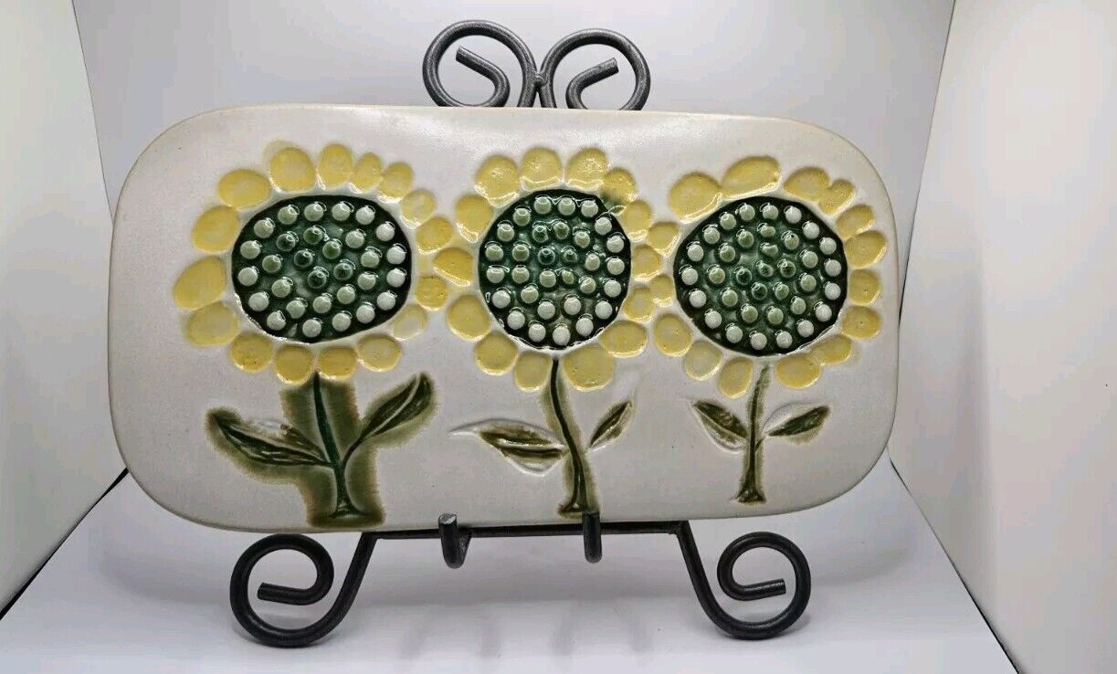 Vintage Bennington Potters Vermont Sunflower Trio Tile Wall Art Yellow Green