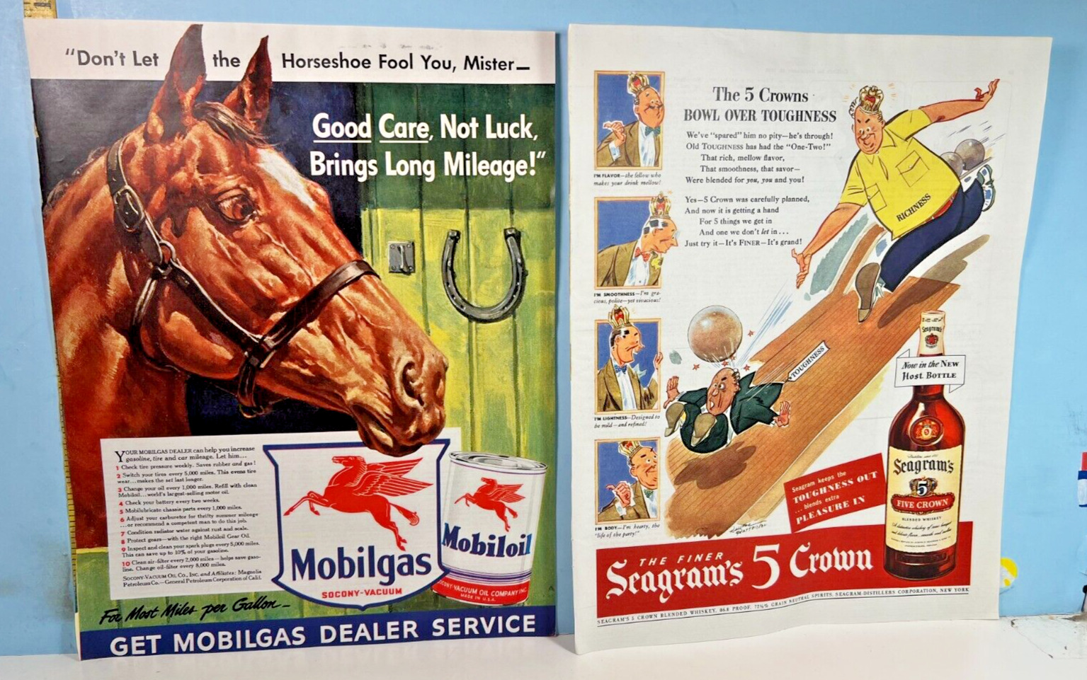 1942 Print Advertisements: Mobil Gas & Oil & Seagram's 5 Crown Whiskey Colliers