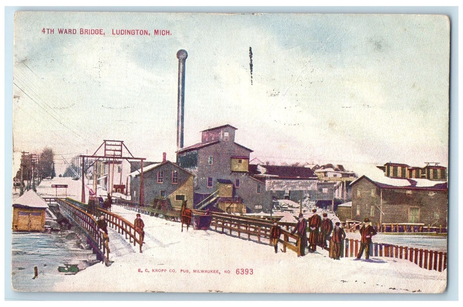 1909 4th Ward Bridge River Winter People Street Ludington Michigan MI Postcard