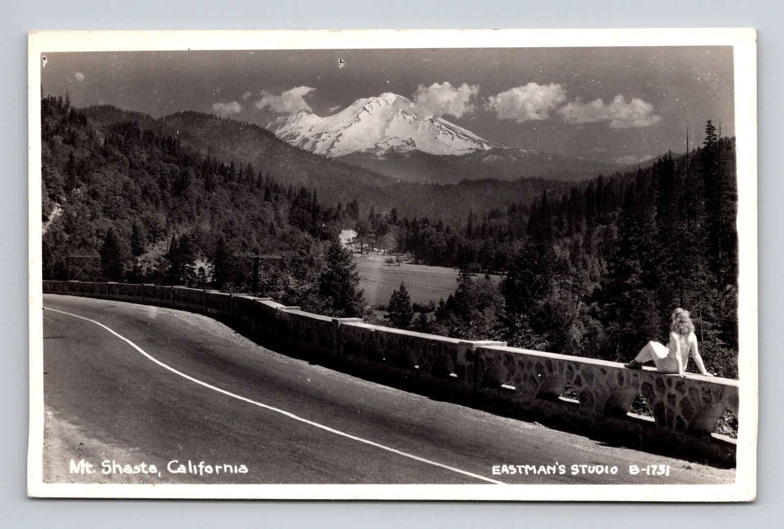 RPPC Postcard Mt. Shasta CA Scenic Roadway View Beautiful Woman Model Eastman